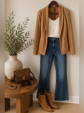Camel Faux Suede Blazer | Open Front | Zip Pocket | Soft Stretch | Large